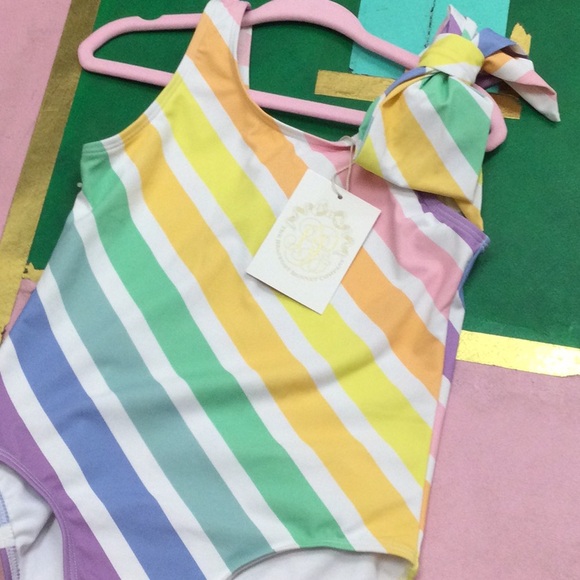NWT TBBC Brookhaven Bow Swimsuit in rainbow stripe - Picture 2 of 2